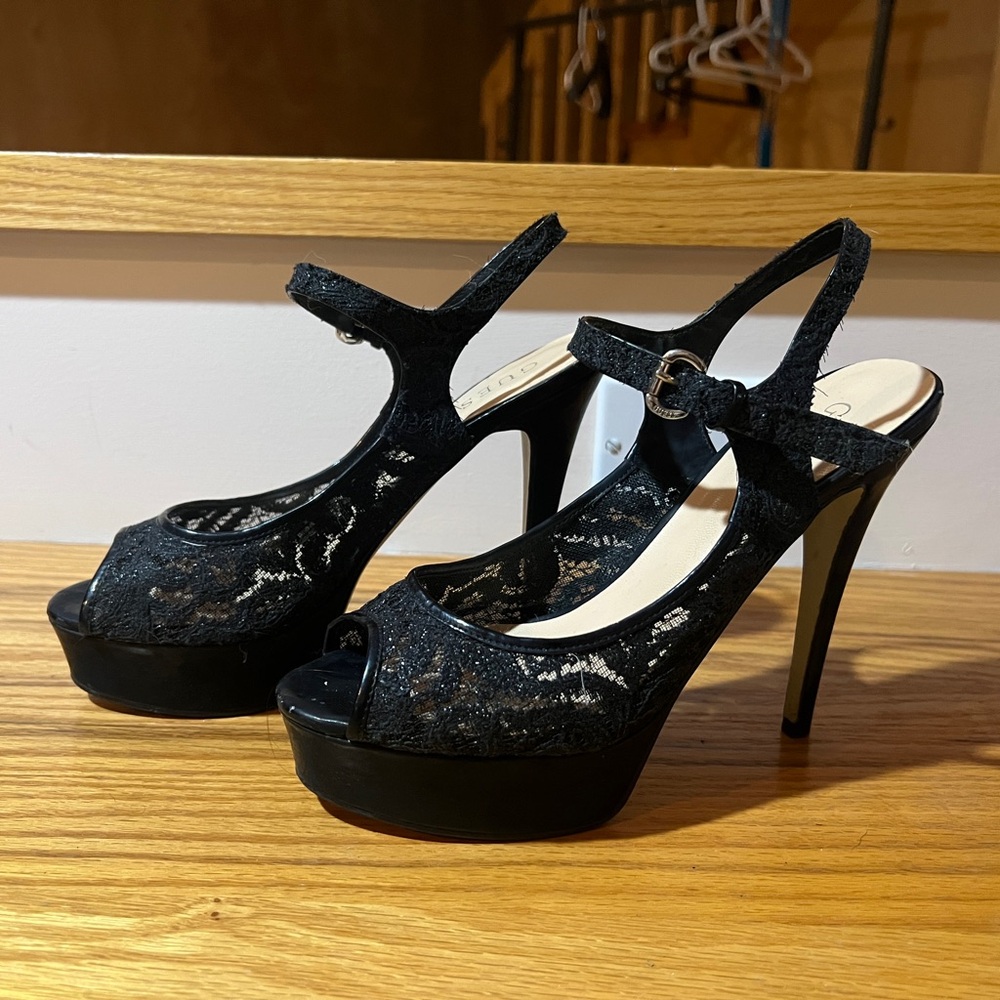 Black Lace Peep Toe Heels GUESS